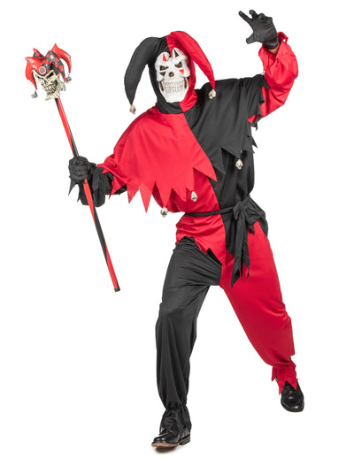 Déguisement Joker Fou pour adulte rouge et noir avec masque de squelette et sceptre