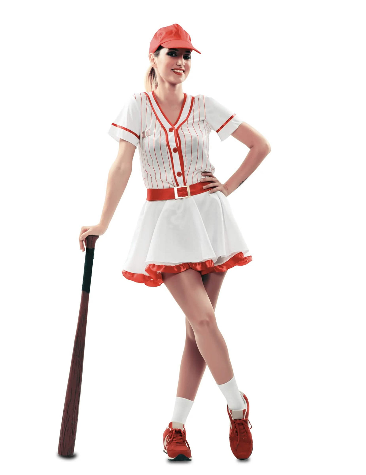 Pogled od spredaj z baseballskim kijem kostuma ženske bejzbolske igralke