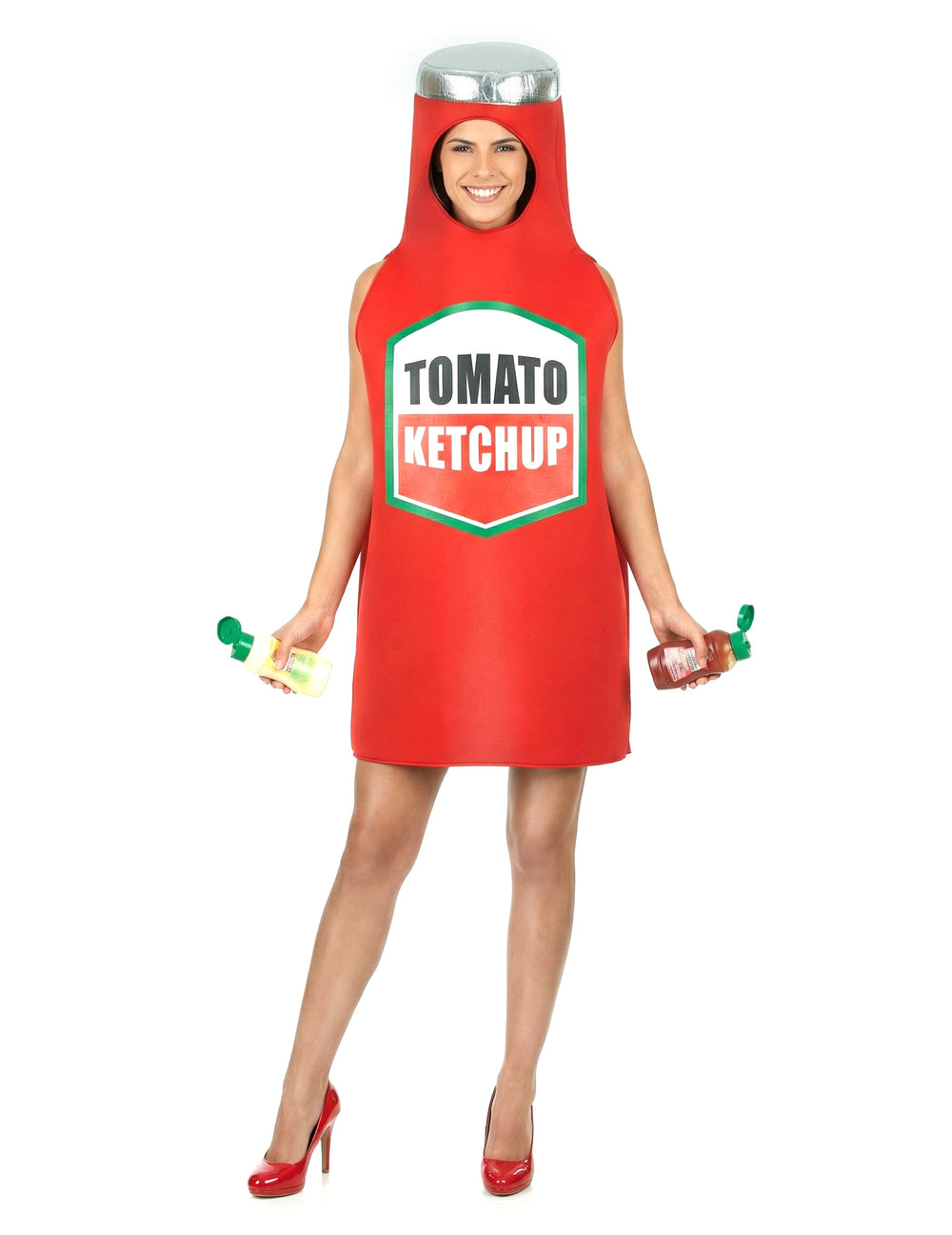 Vue de face avec accessoires du déguisement de ketchup pour adulte