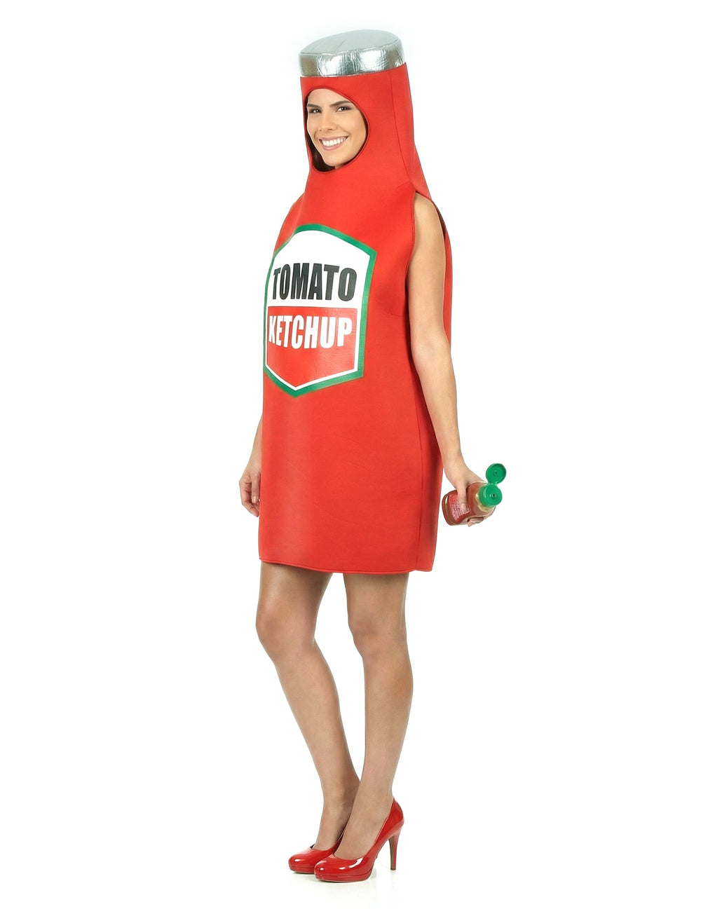 Vue de trois-quarts du déguisement de ketchup pour adulte