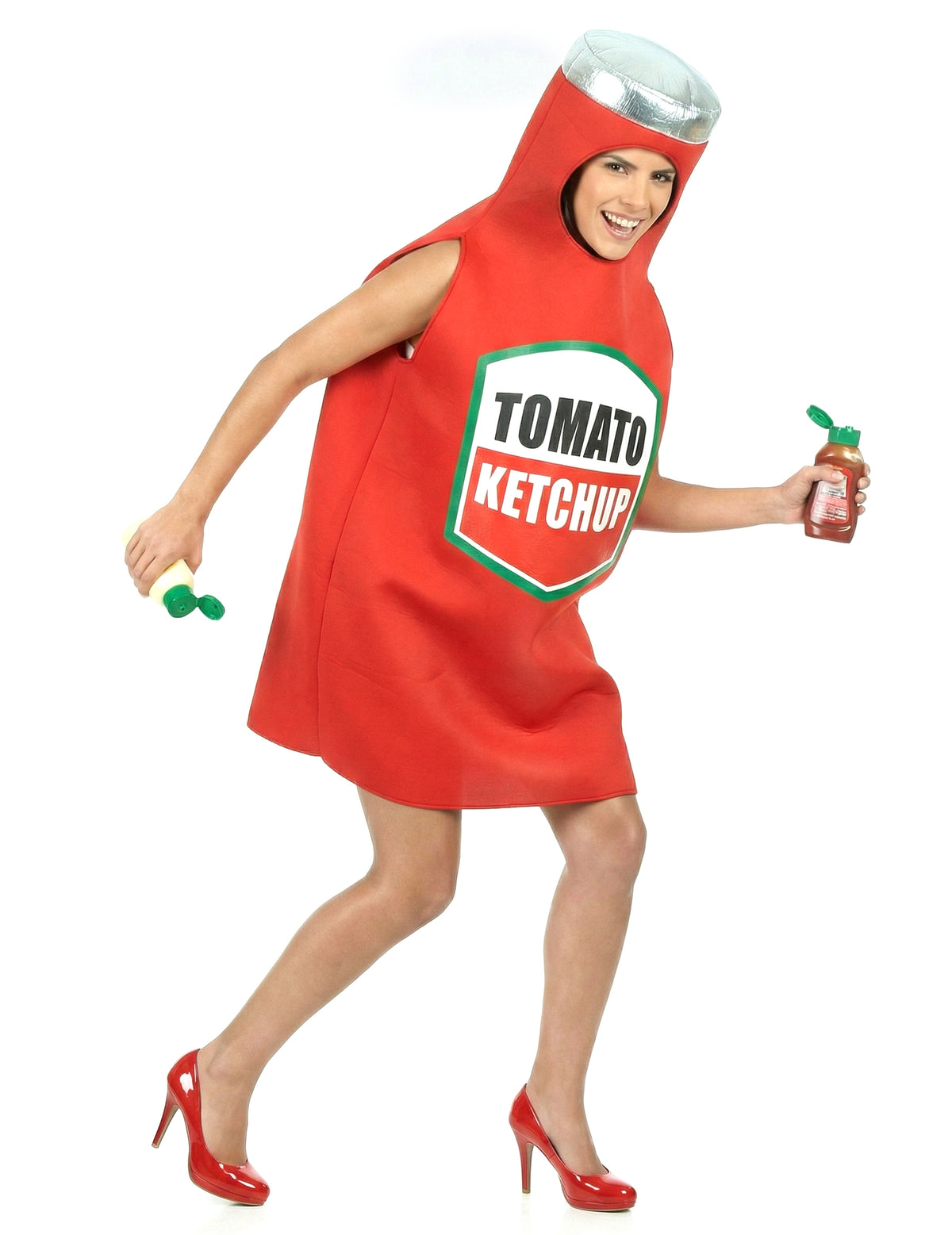Vue de face en action du déguisement de ketchup pour adulte
