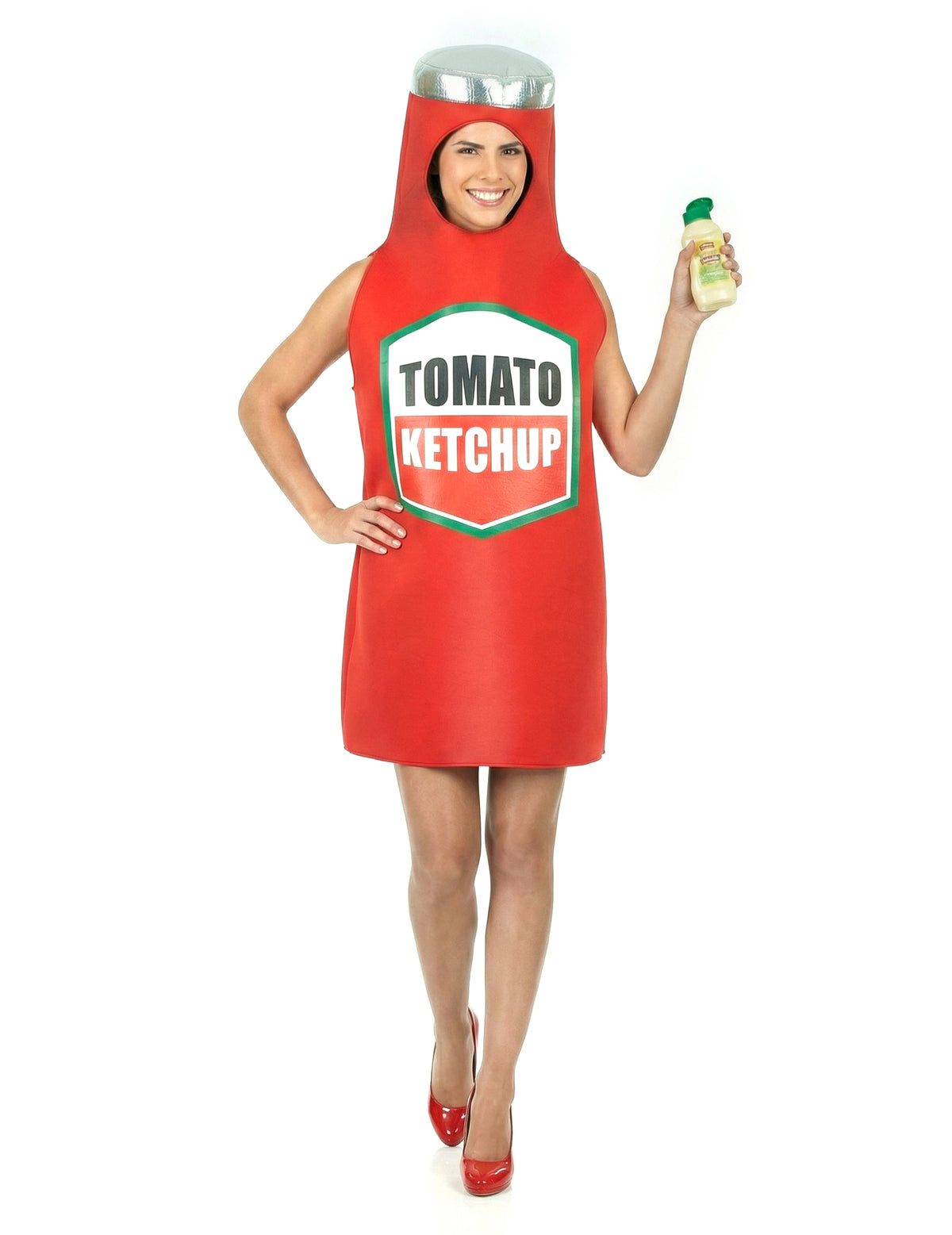 Vue de face avec bouteille de sauce du déguisement de ketchup pour adulte