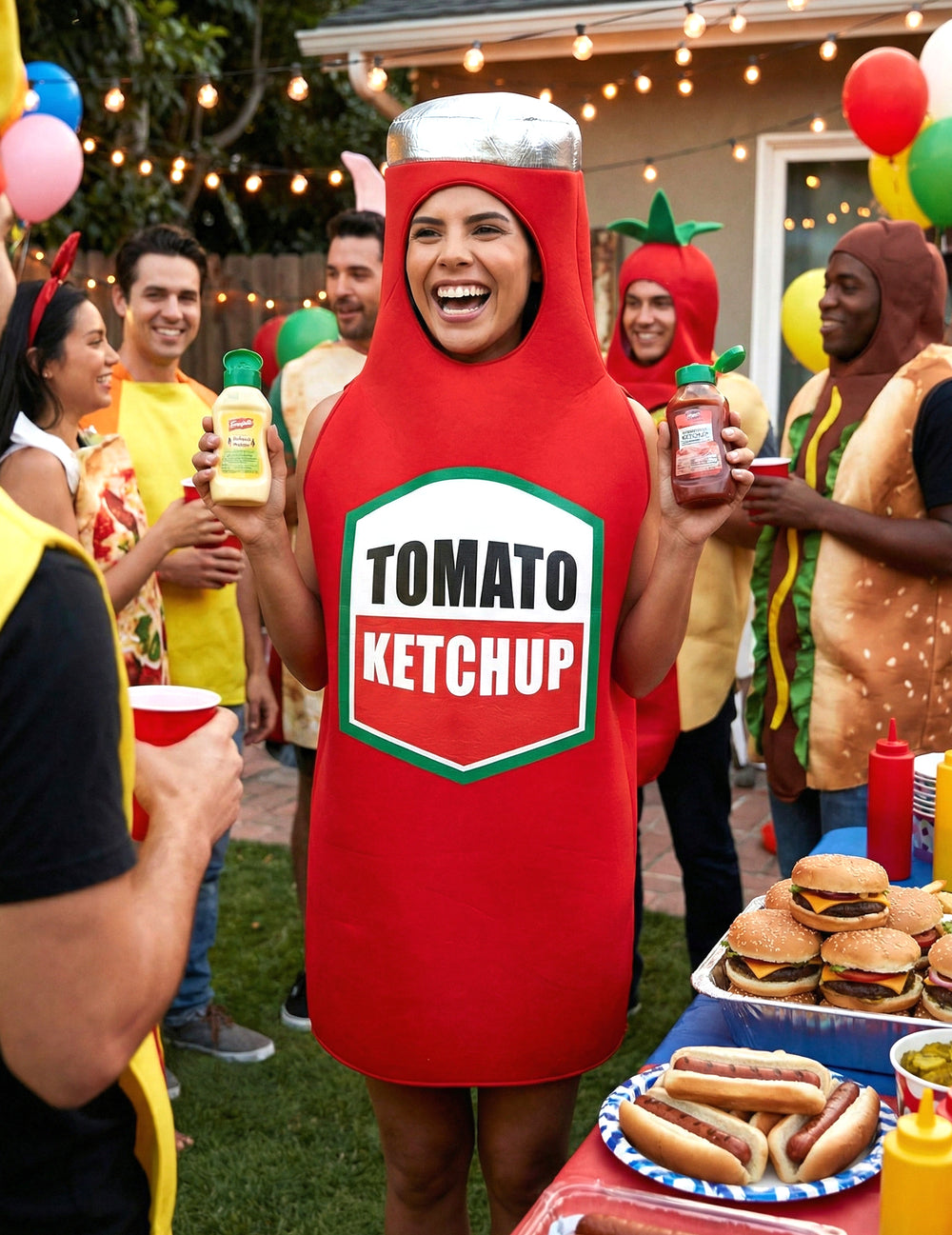 Mise en situation festive du déguisement de ketchup pour adulte