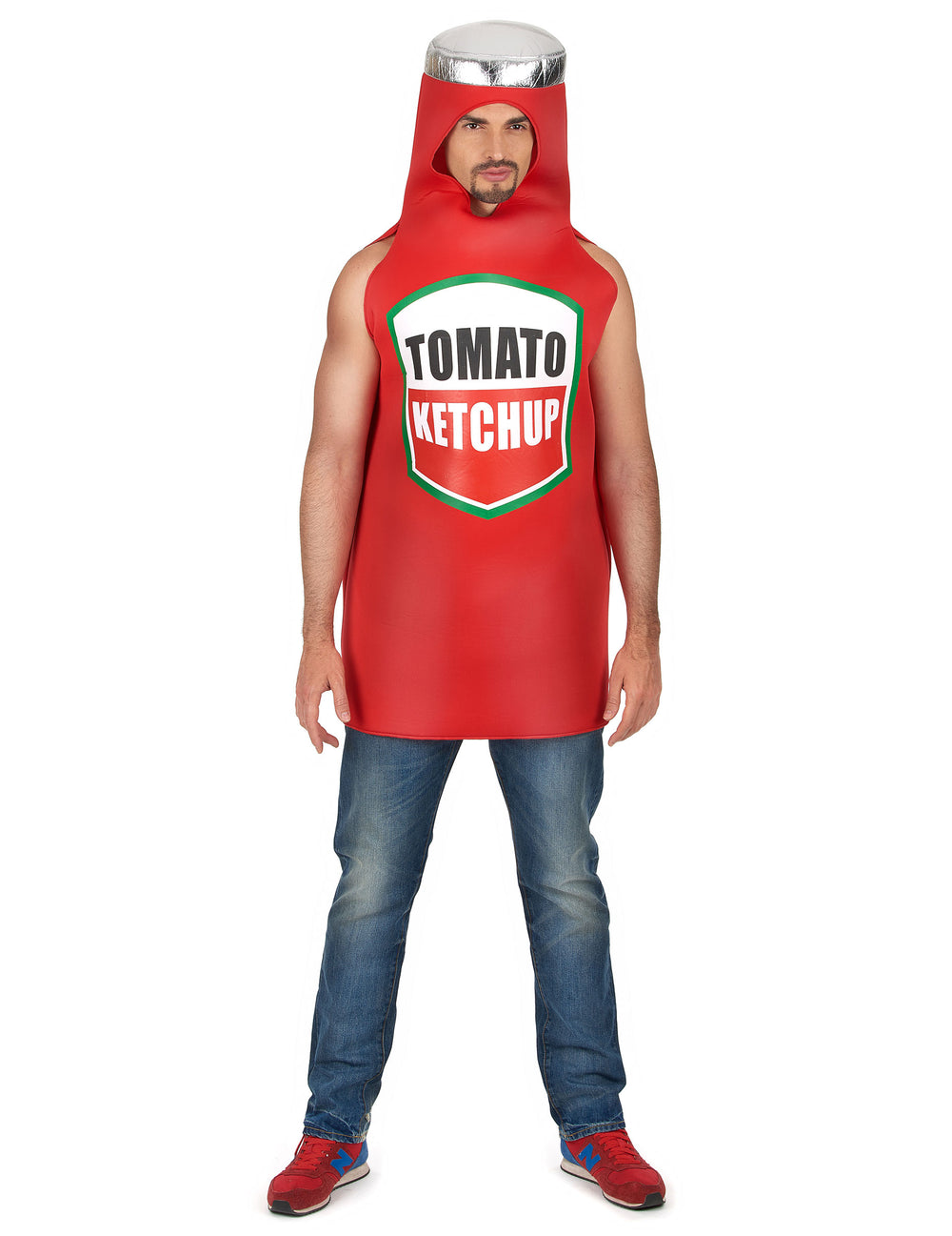 Déguisement de ketchup pour adulte rouge avec logo et bouchon argenté