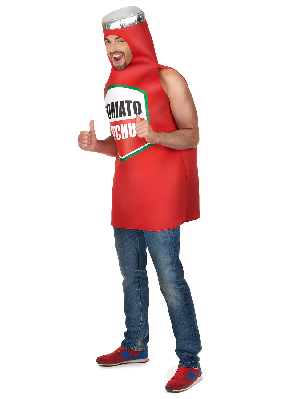 Vue de profil du déguisement de ketchup pour adulte