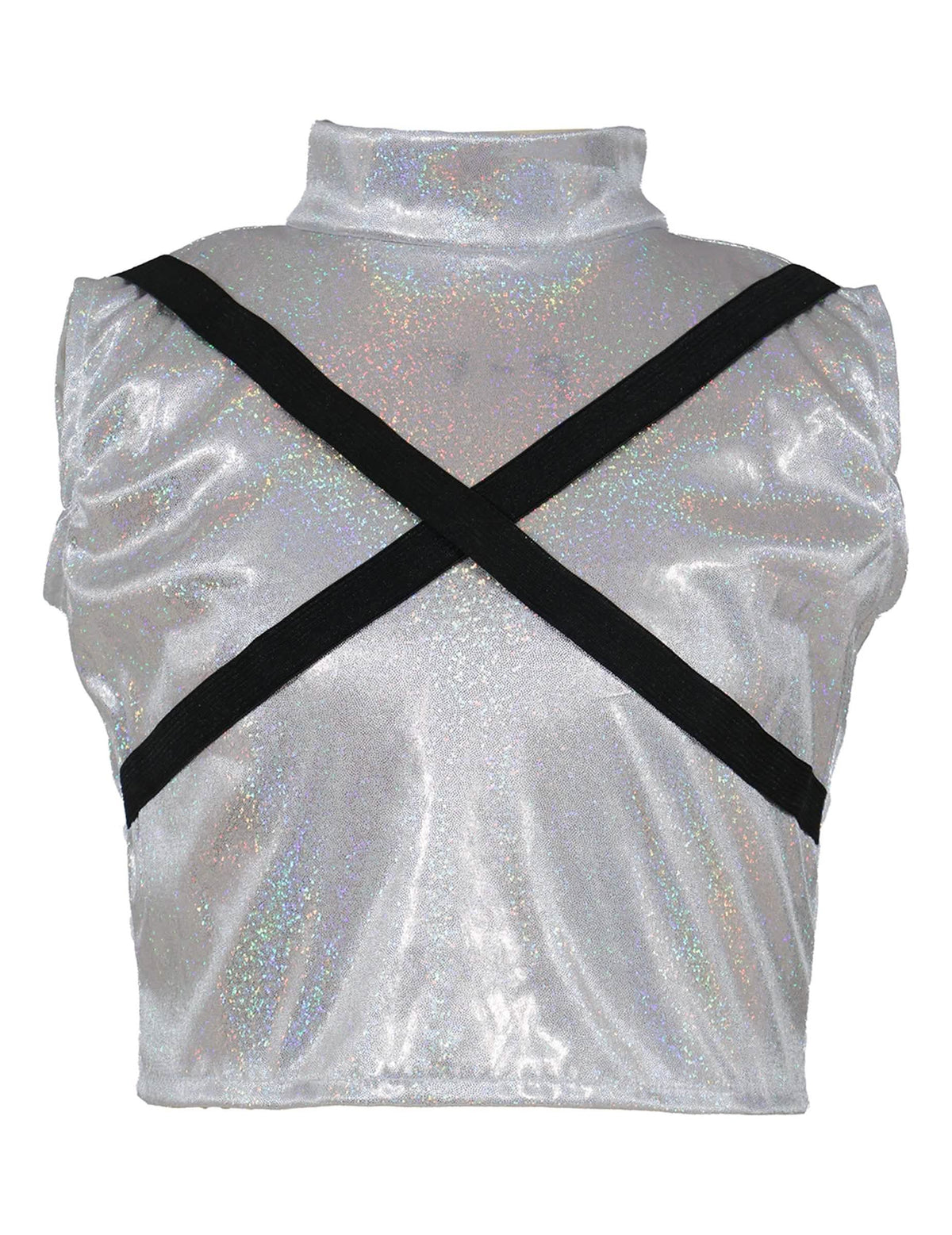 Détail du haut argenté avec sangles noires croisées du déguisement Kpop star iridescent