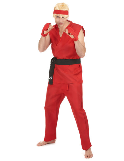 Déguisement kung fu pour homme rouge avec ceinture noire et bandeau