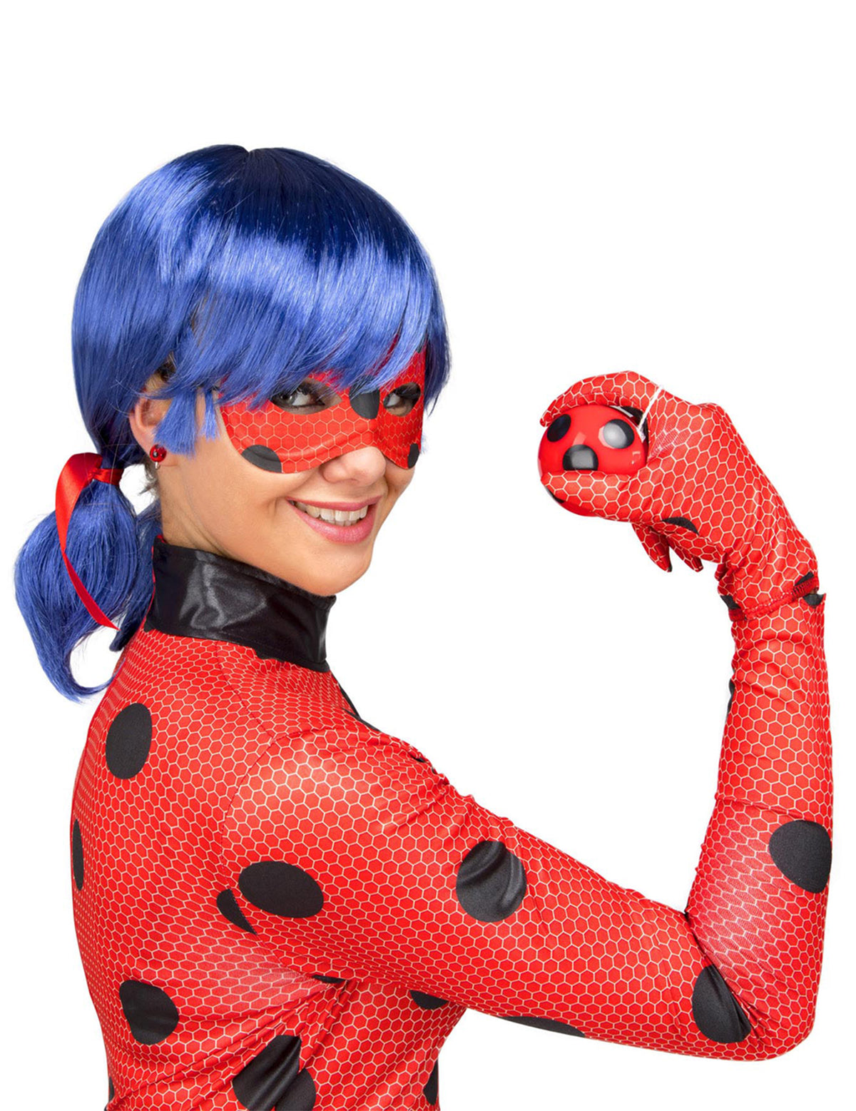 Vue de profil avec masque et perruque du déguisement complet Ladybug Miraculous