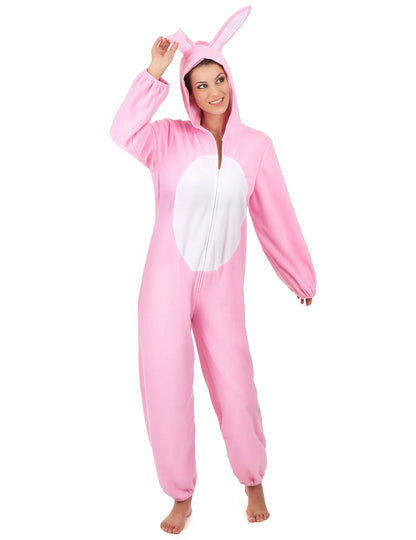Déguisement de lapin pour femme rose avec ventre blanc et capuche à oreilles