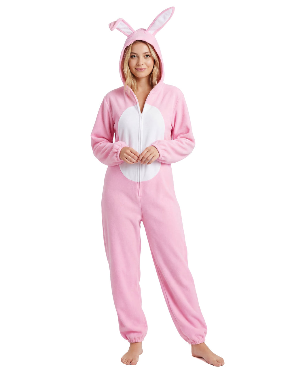 Déguisement de lapin pour femme rose et blanc avec capuche à oreilles