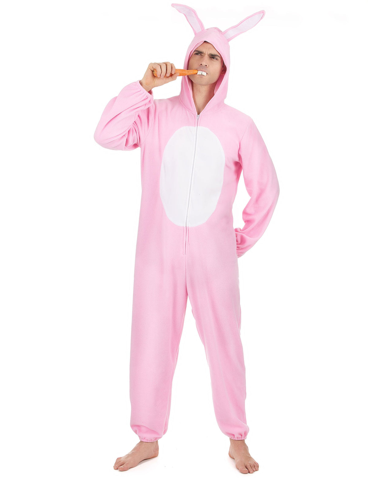 Déguisement de lapin pour homme rose avec ventre blanc et capuche à oreilles