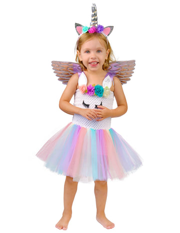 Déguisement licorne fleurie pastel pour fille multicolore avec tutu et ailes