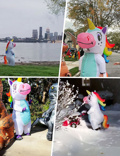Mises en situation en extérieur du déguisement licorne gonflable géante