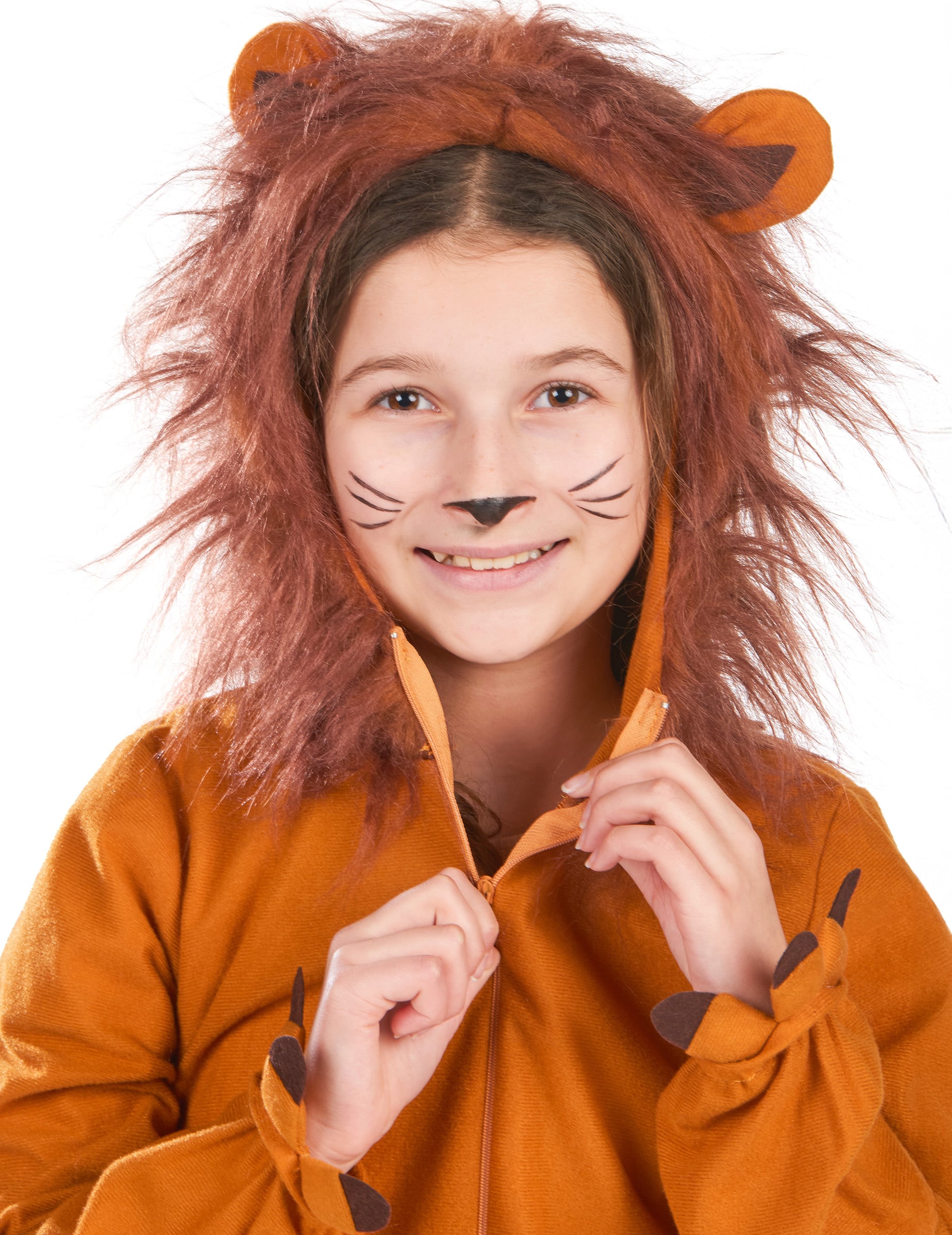Détail de la capuche et de la fermeture éclair du déguisement de lion effet polaire pour enfant