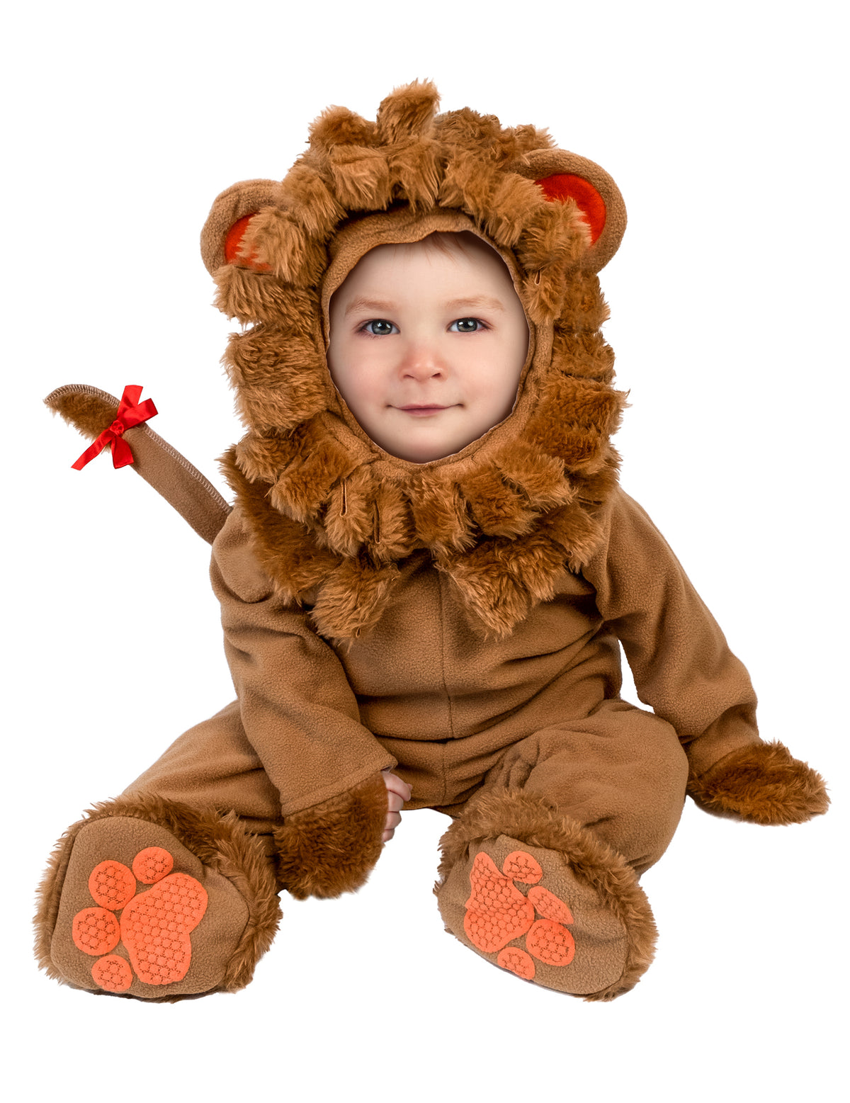 Déguisement de lion luxe pour bébé marron avec crinière et queue à nœud rouge