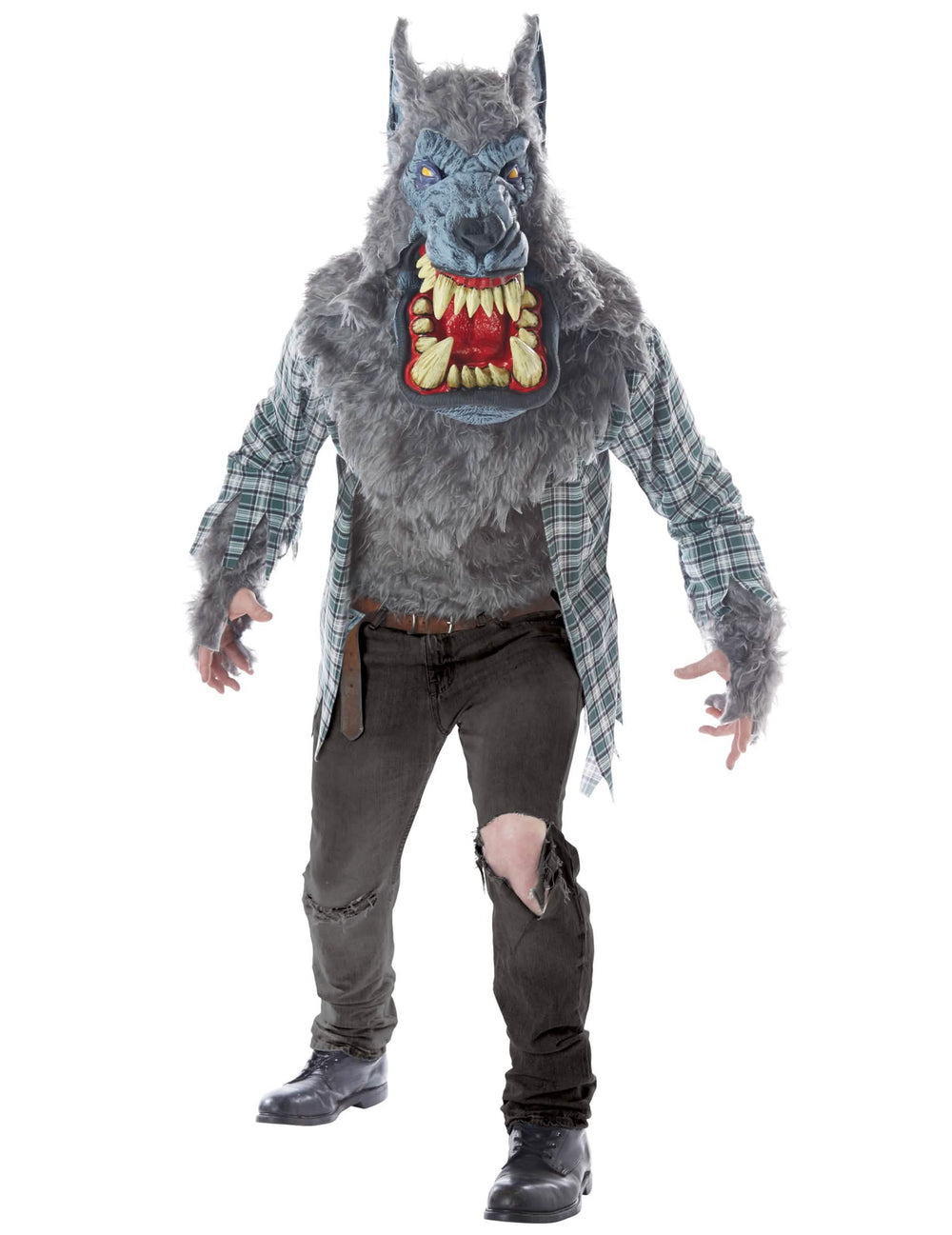 Déguisement et masque loup-garou luxe pour adulte gris avec chemise à carreaux