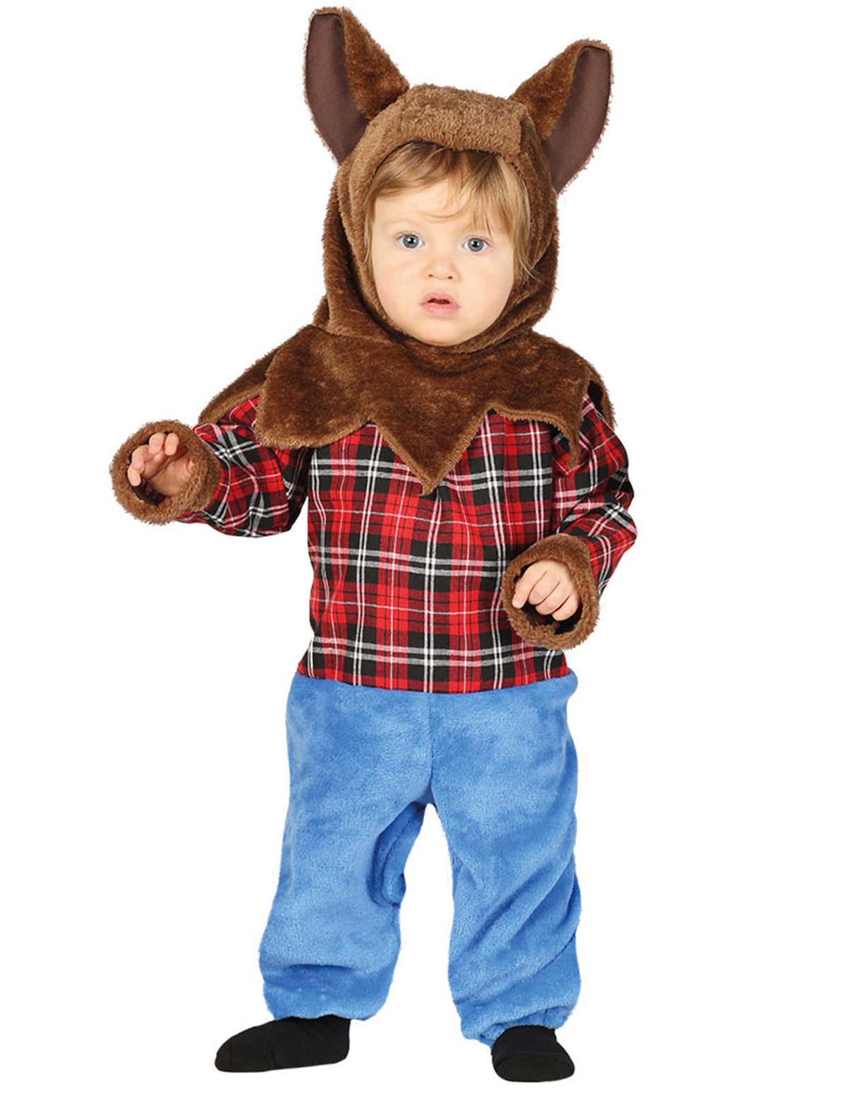 Déguisement loup-garou pour bébé avec chemise à carreaux rouge et pantalon bleu