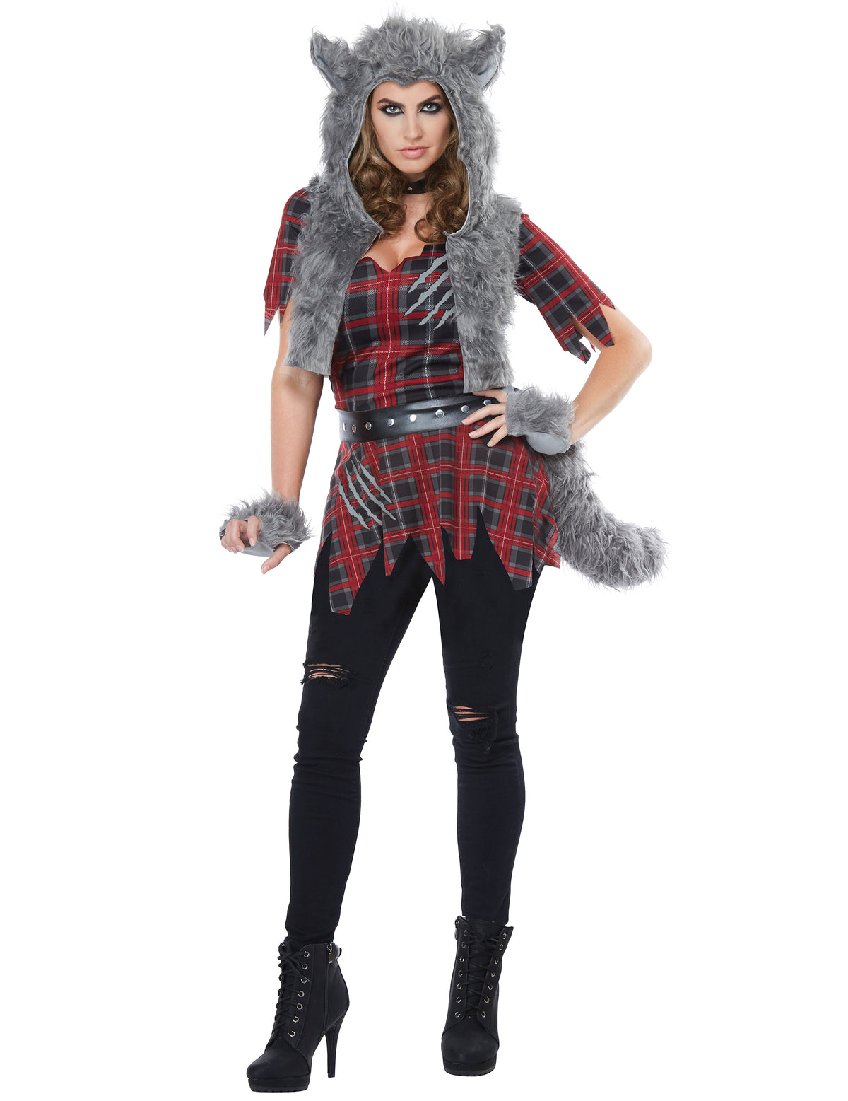 Déguisement loup-garou luxe pour femme rouge et gris avec capuche en fausse fourrure