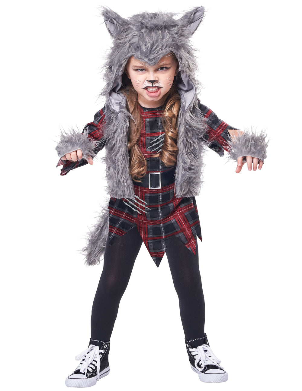 Déguisement loup garou pour fille gris luxe avec robe à carreaux et fausse fourrure