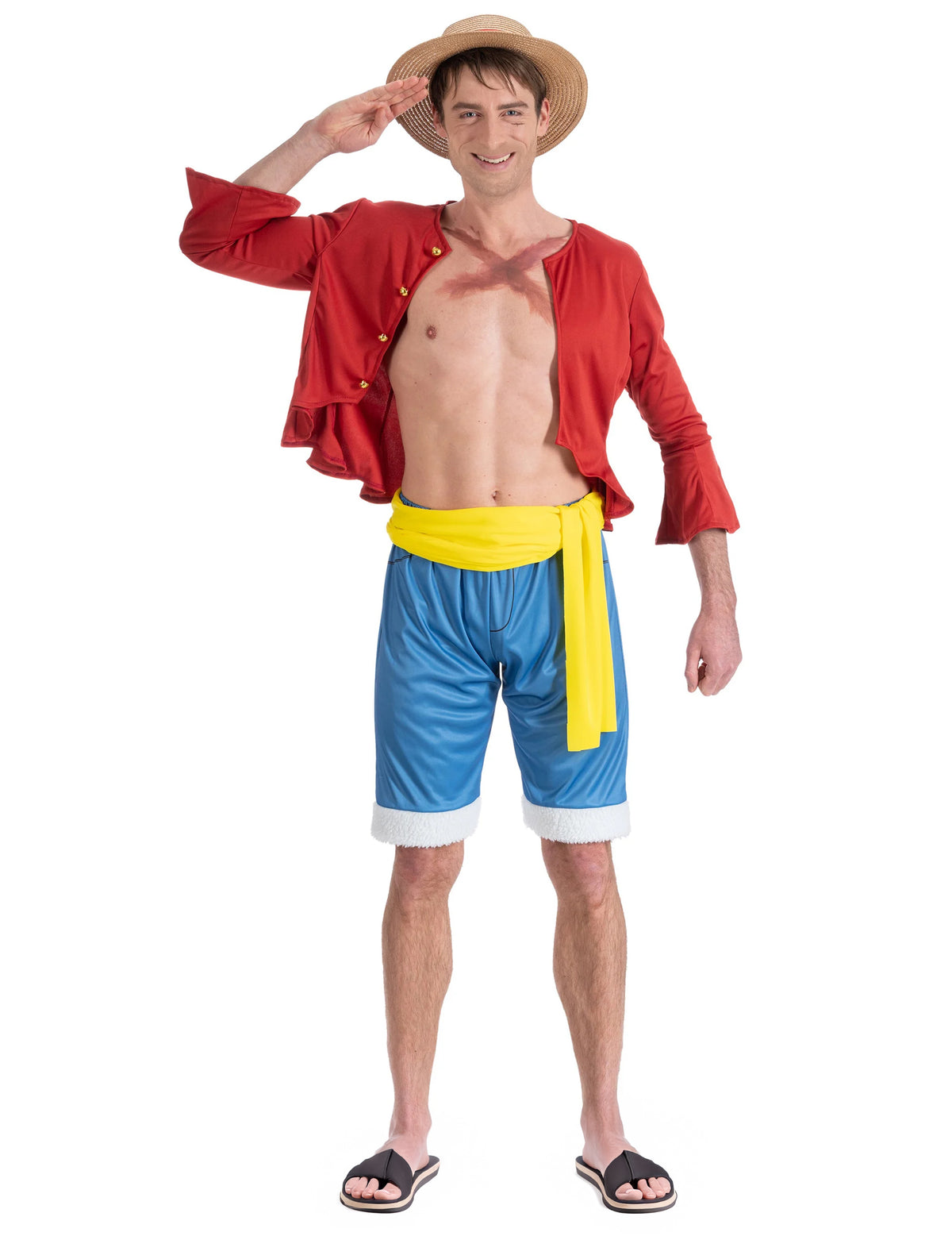 Déguisement Luffy One Piece™ pour adulte avec gilet rouge short bleu et chapeau de paille