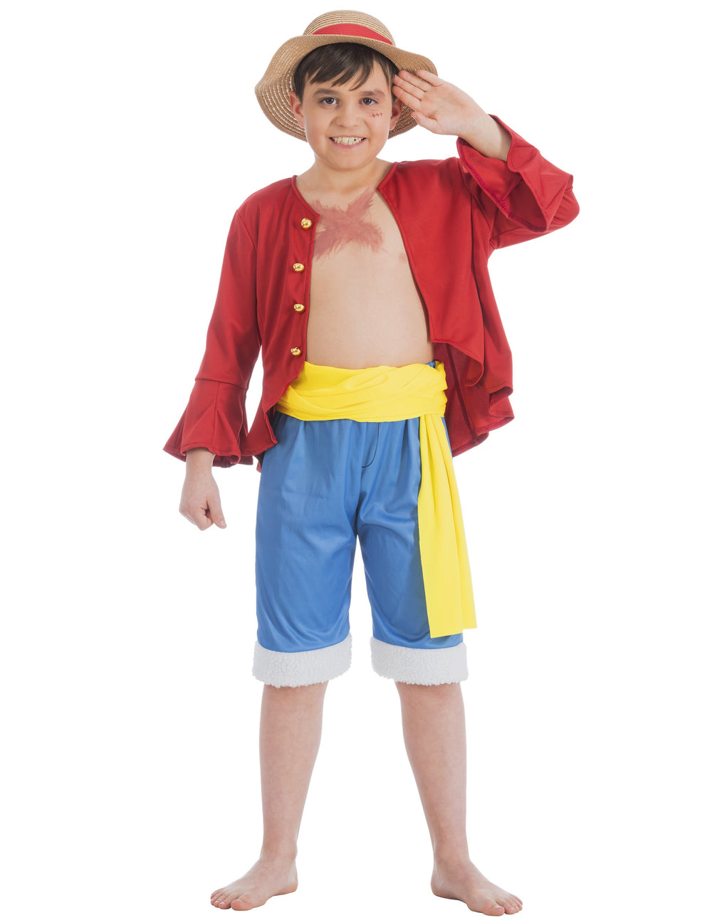 Déguisement Luffy One Piece™ pour enfant rouge et bleu avec chapeau de paille