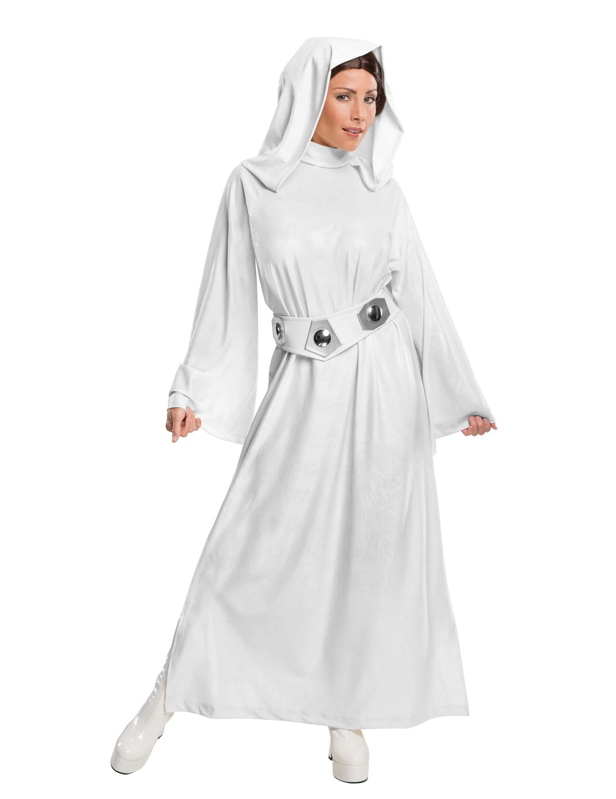 Déguisement luxe Princesse Leia pour femme Star Wars blanc avec ceinture argentée et capuche