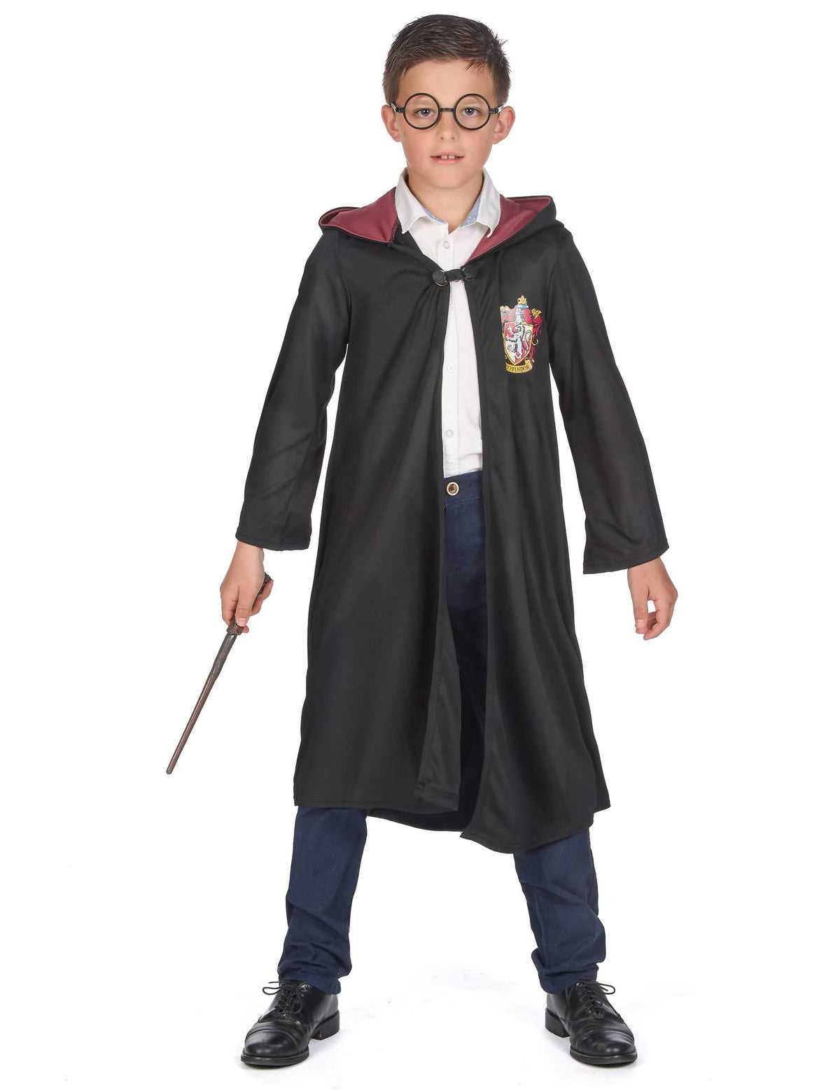 Pogled od spredaj z palico in očala luksuznega kostuma čarovnika Gryffindor Harry Potter