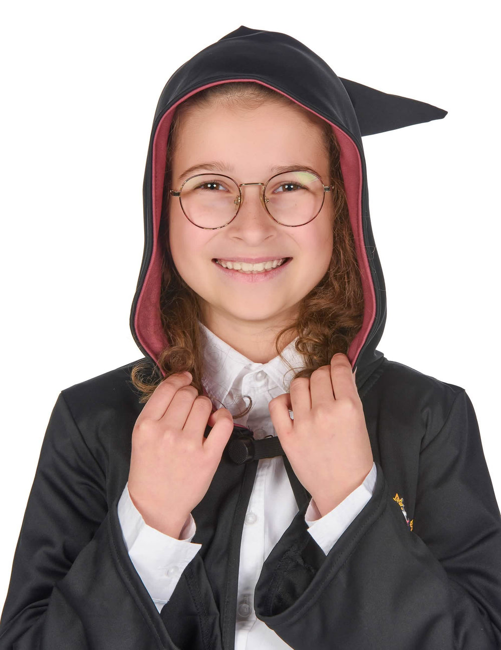 Velik posnetek obraza z očala in kapuco luksuzne kostumirane čarovniške halje Gryffindor Harry Potter