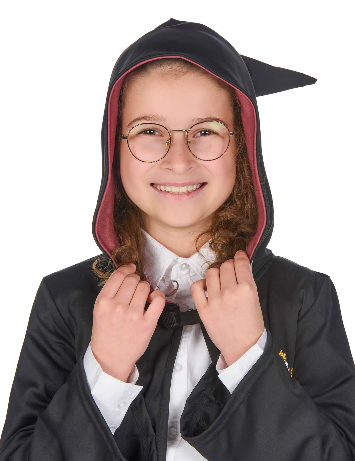 Velik posnetek obraza z očala in kapuco luksuzne kostumirane čarovniške halje Gryffindor Harry Potter