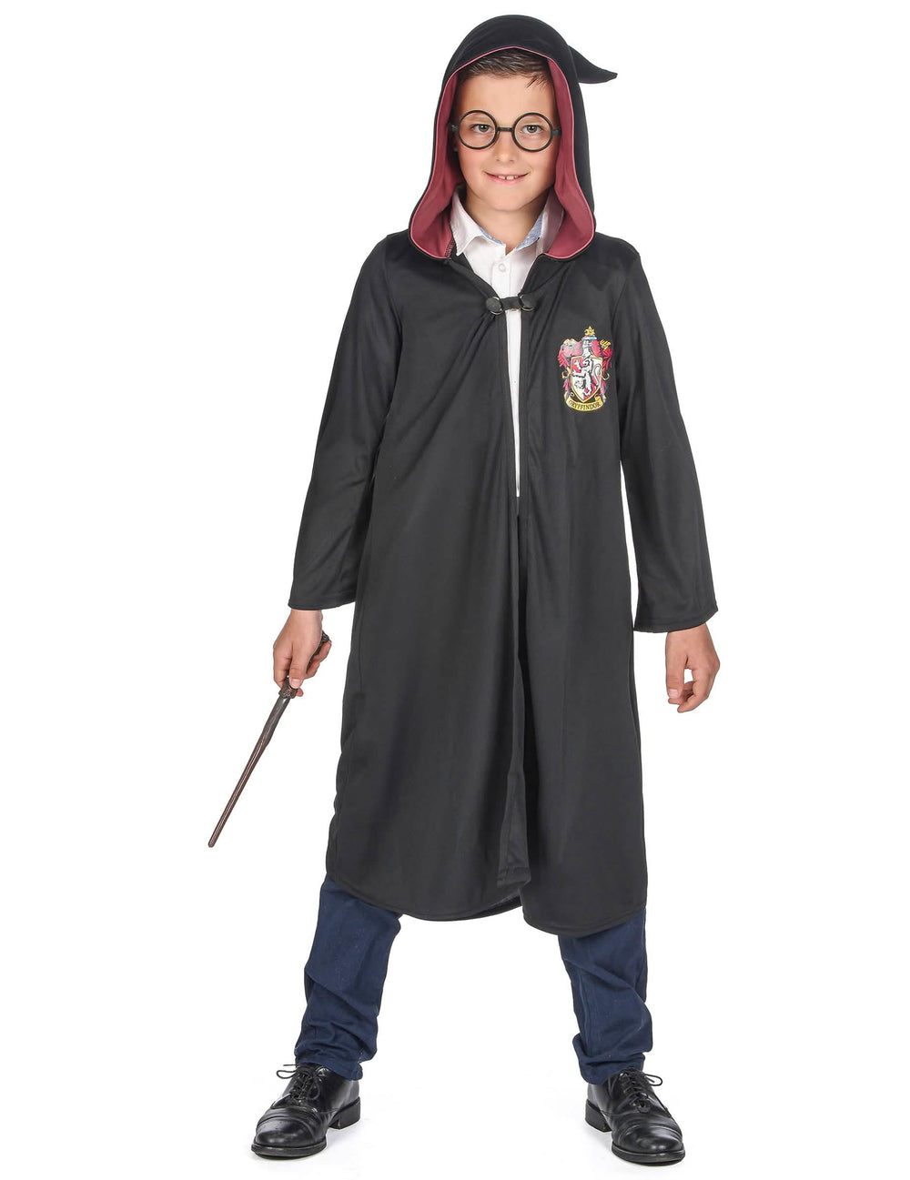 Pogled od spredaj s kapuco in očala luksuznega kostuma čarovniške obleke Gryffindor Harry Potter