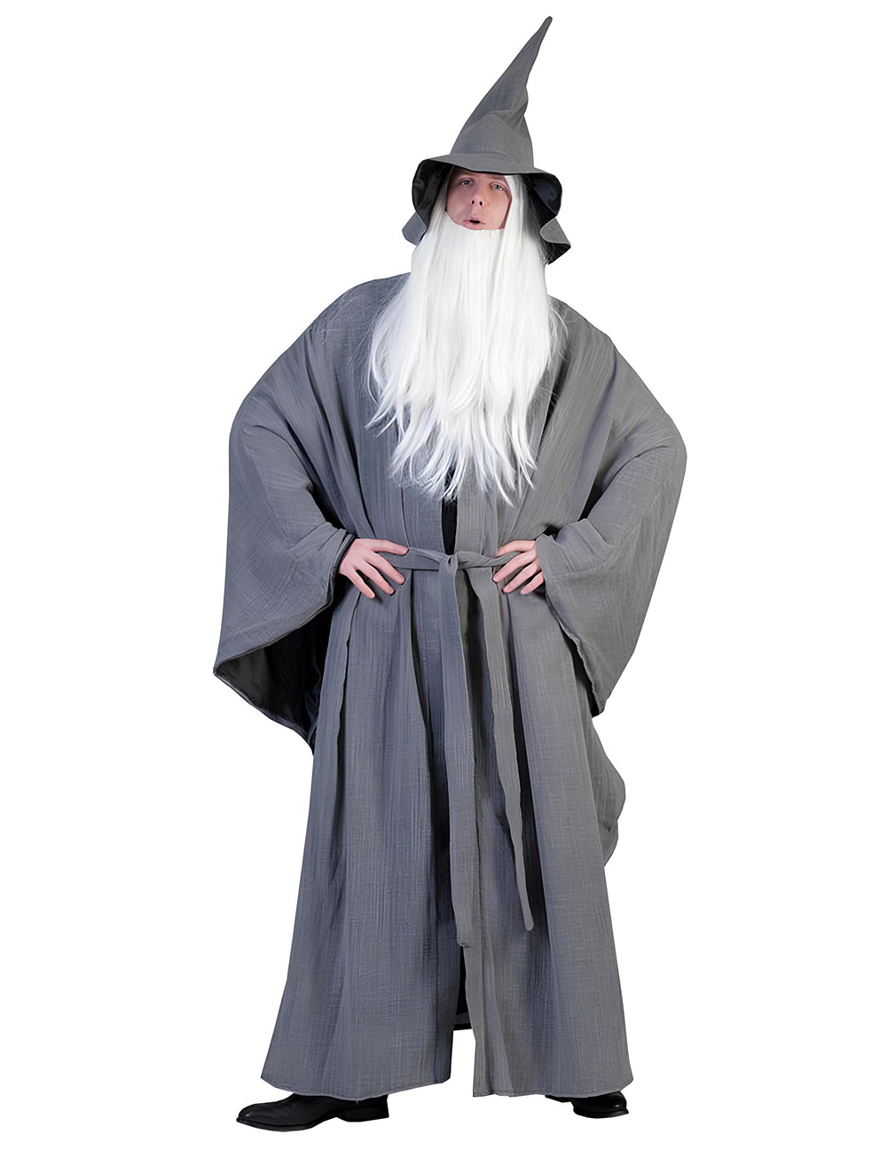 Déguisement de magicien pour adulte gris avec chapeau pointu et barbe blanche
