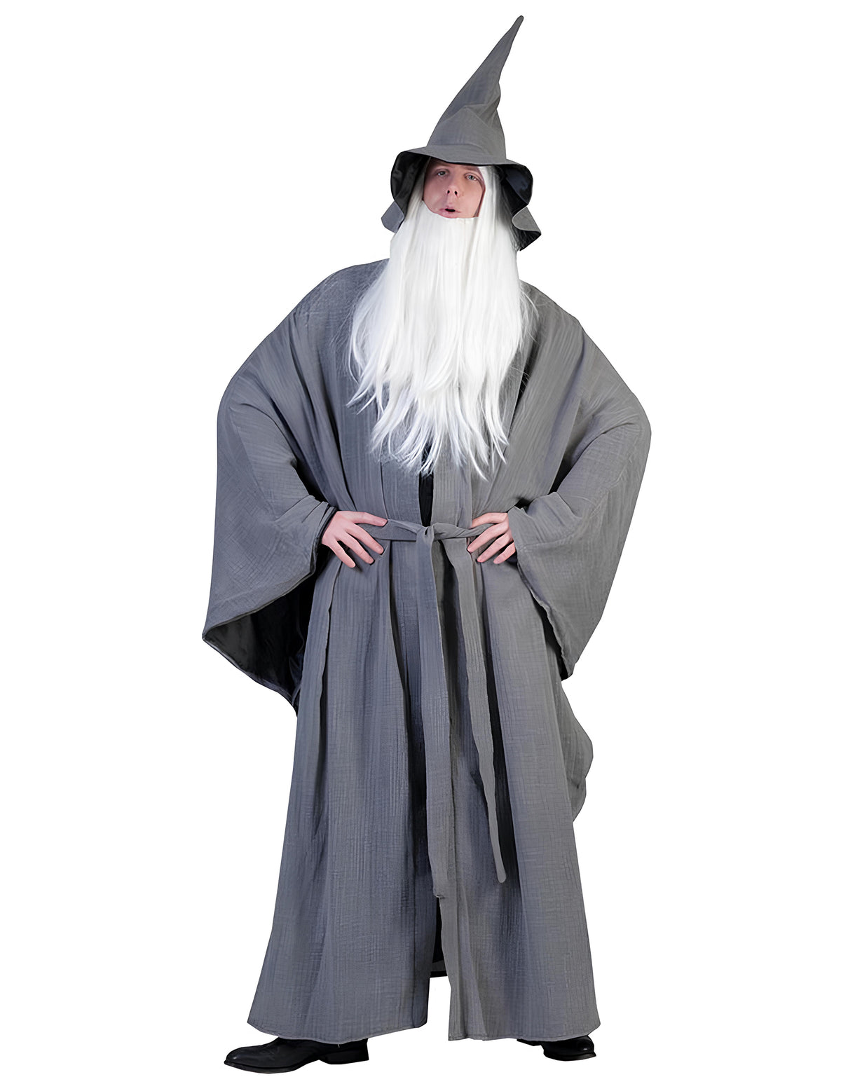 Déguisement de magicien pour adulte gris avec chapeau pointu et barbe blanche