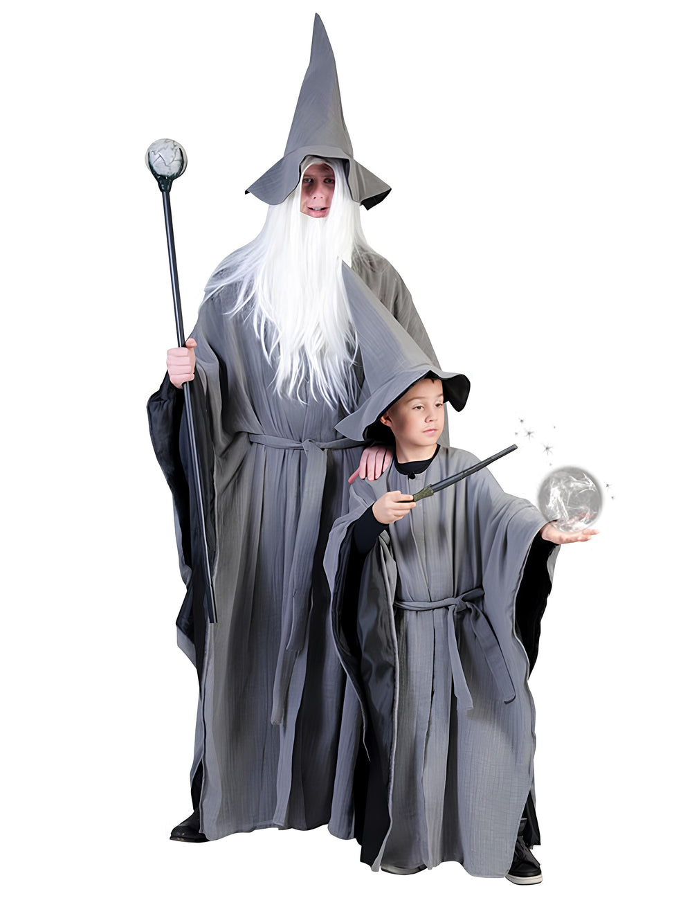 Version adulte et enfant du déguisement de magicien gris