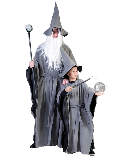 Version adulte et enfant du déguisement de magicien gris