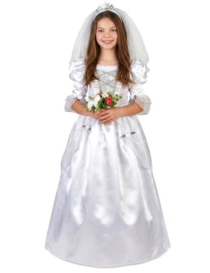 Vue de face du déguisement de mariée pour fille