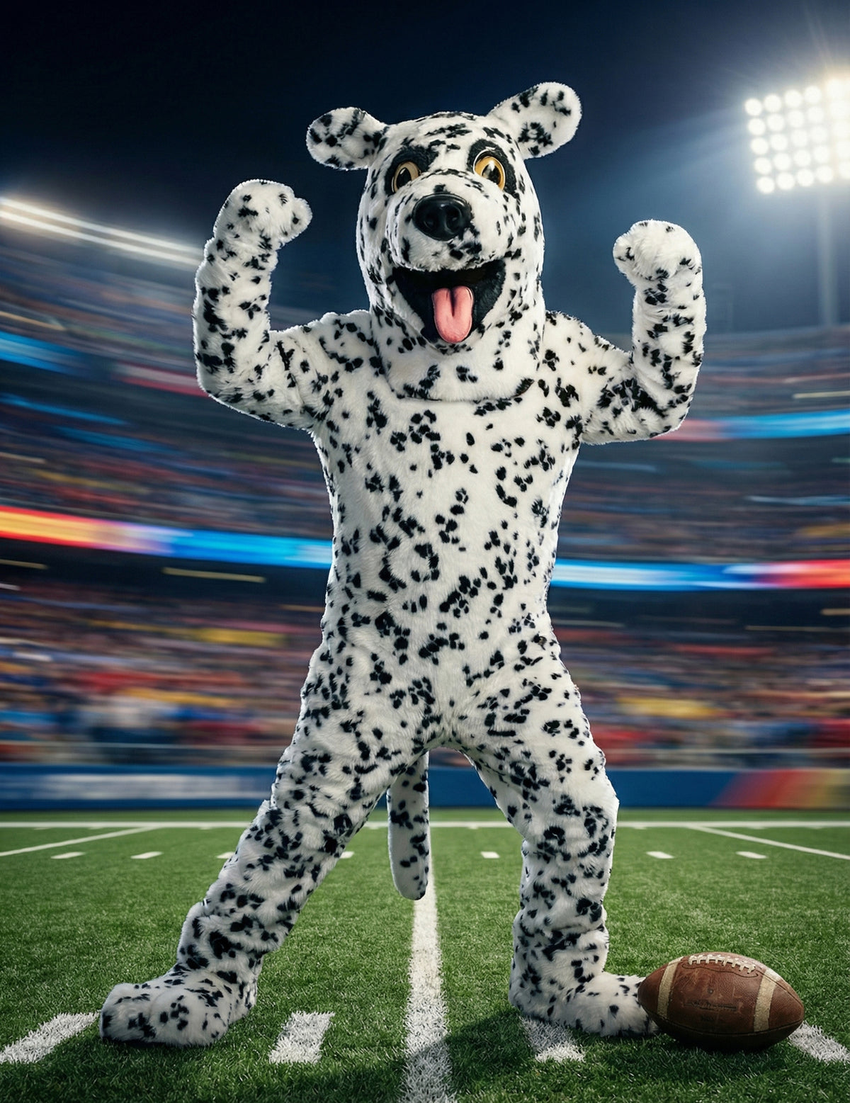 Mise en situation dans un stade de football du déguisement mascotte chien dalmatien pour adulte