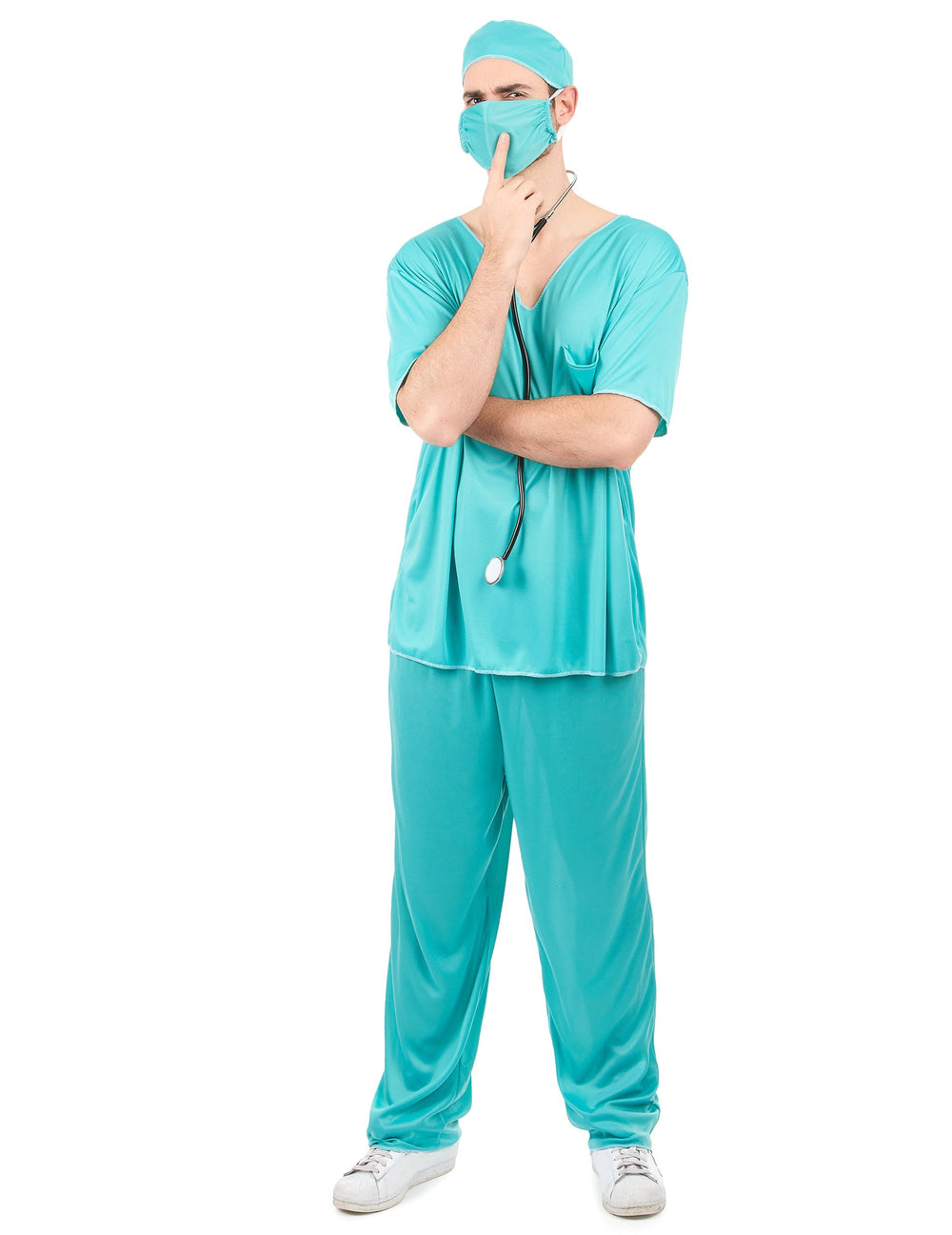 Déguisement de médecin pour homme vert turquoise avec masque et bonnet