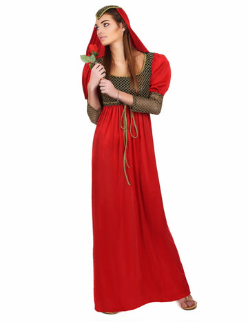 Déguisement médiéval pour femme rouge avec détails dorés et coiffe