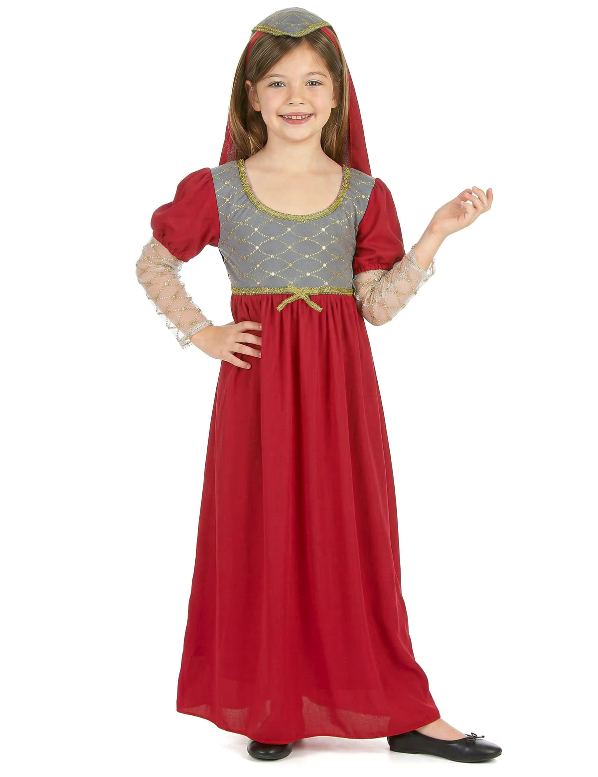 Déguisement médiéval pour fille rouge et gris avec coiffe