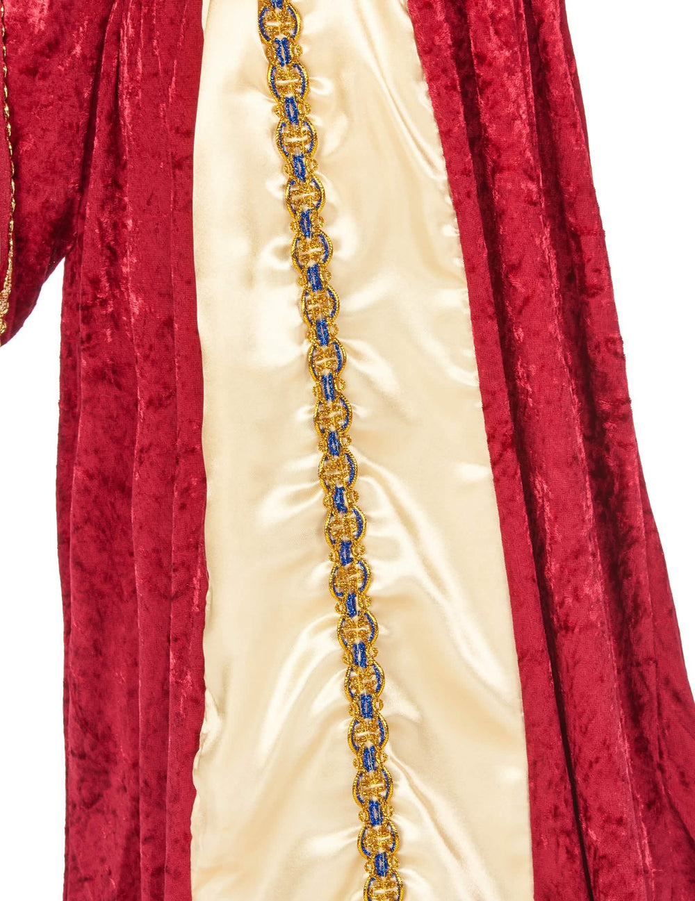 Détail du tissu en velours et du galon doré du déguisement de reine médiévale