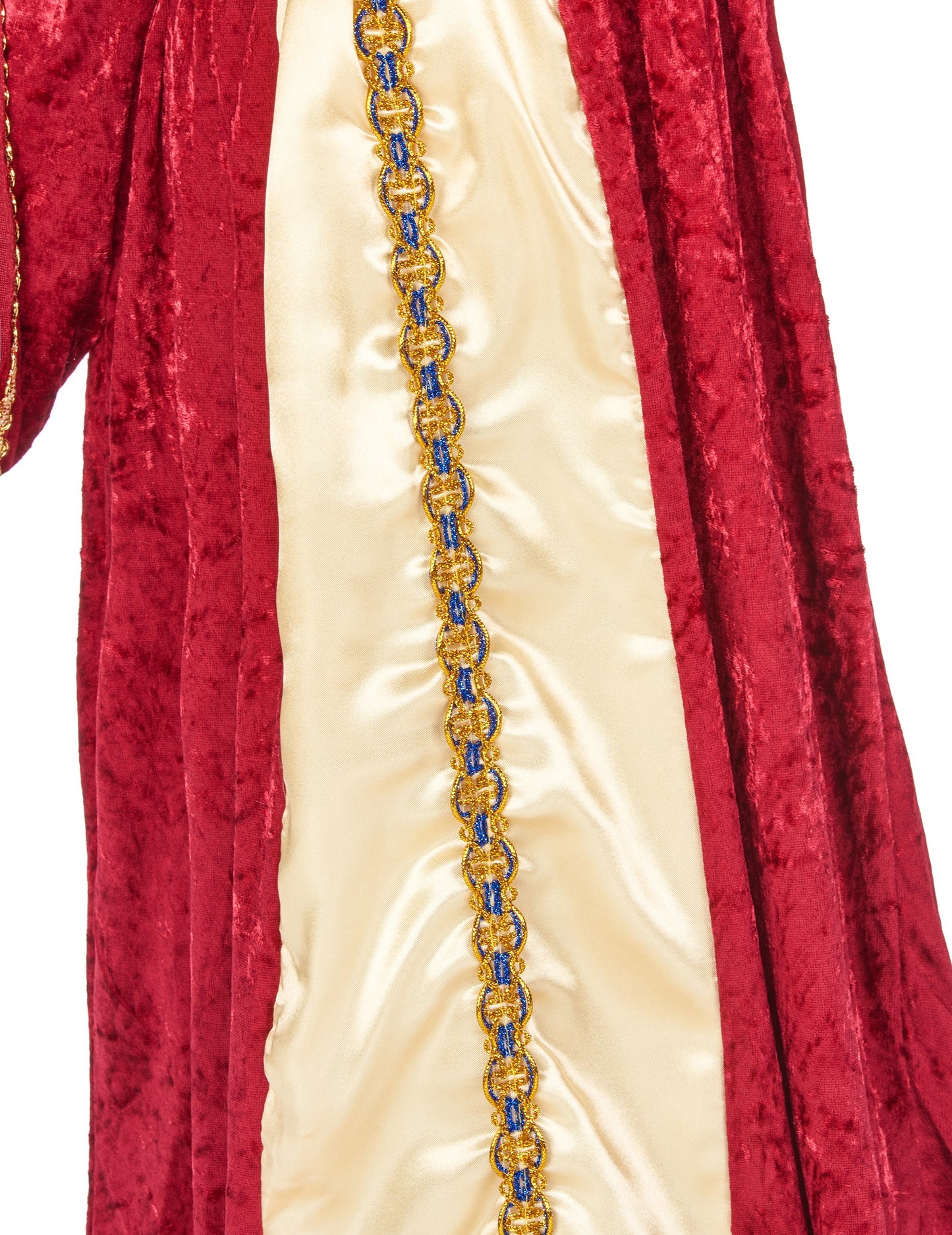 Podrobnost zlate in modre obrobe obleke srednjeveške kraljice za dekleta