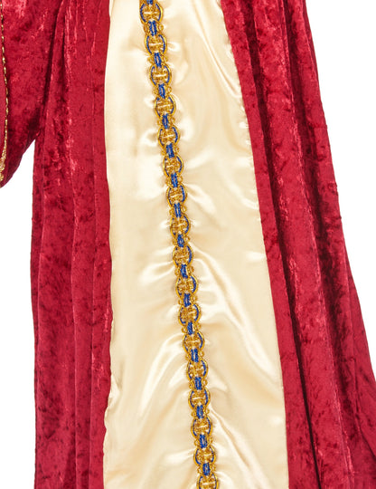 Podrobnost zlate in modre obrobe obleke srednjeveške kraljice za dekleta