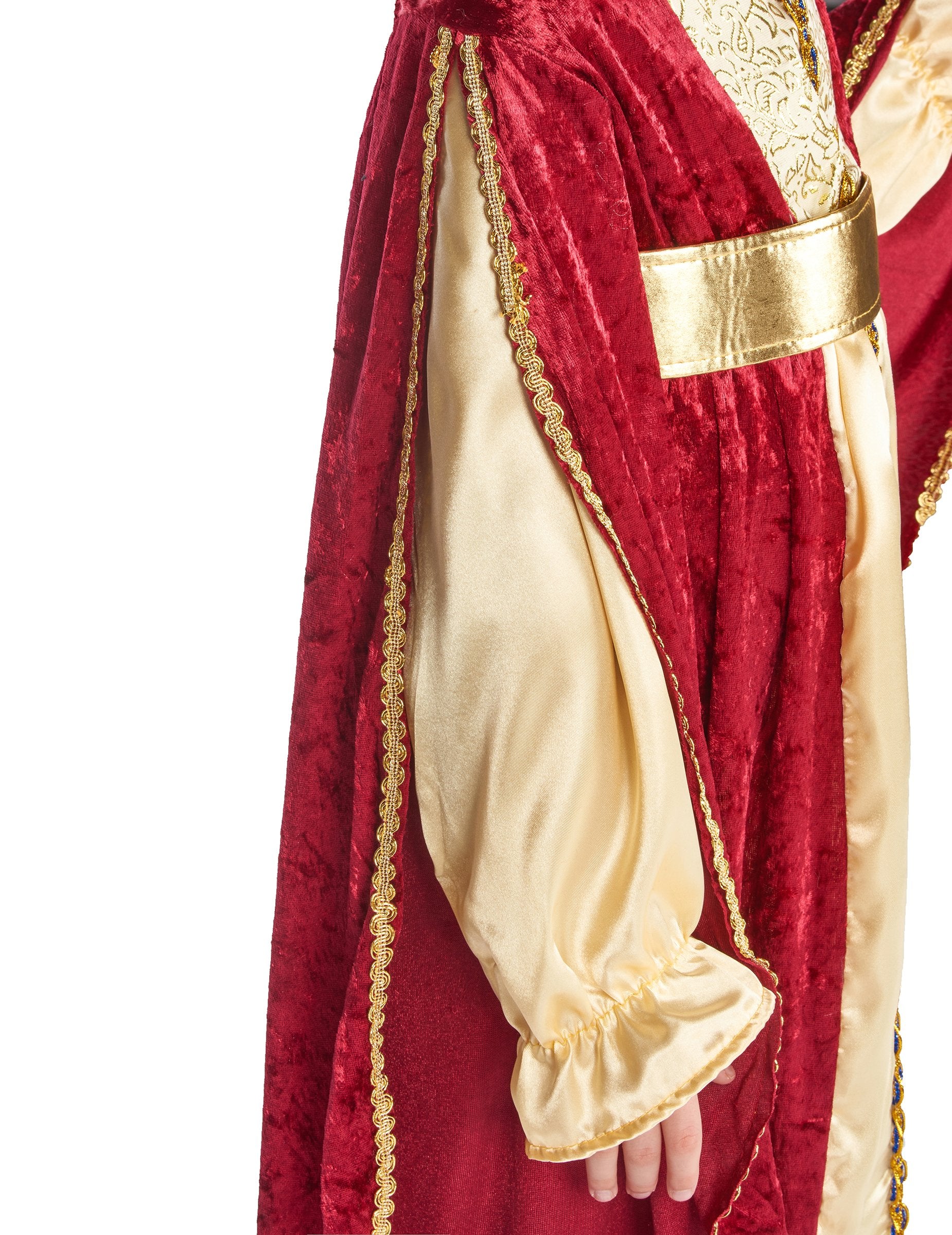 Profilni pogled na rokav in zlat pas obleke srednjeveške kraljice za dekleta