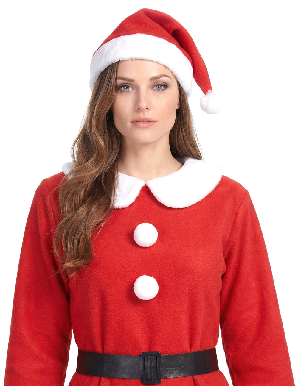 Gros plan sur le haut du déguisement Mère Noël pompons