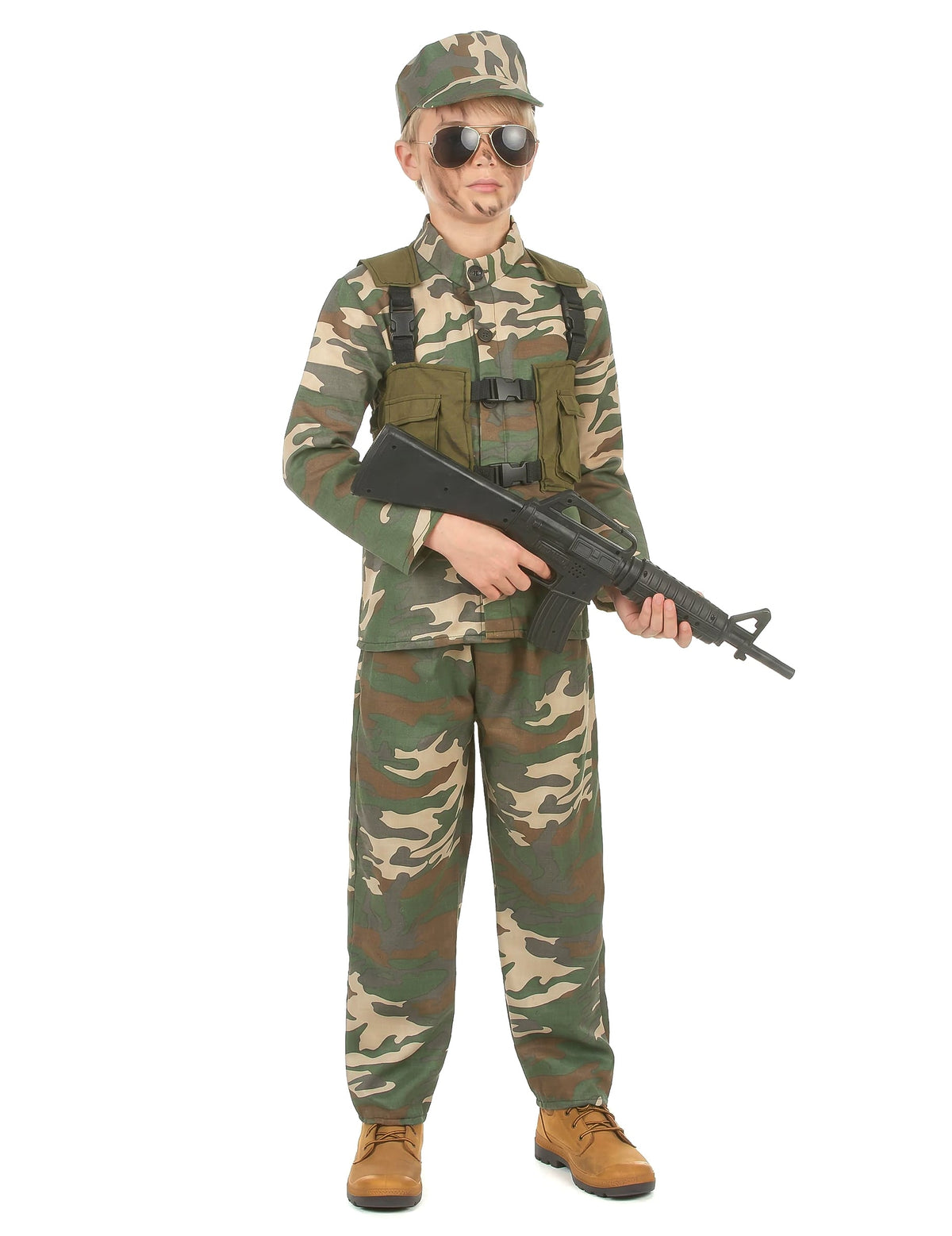 Déguisement militaire pour garçon vert camouflage avec casquette et gilet