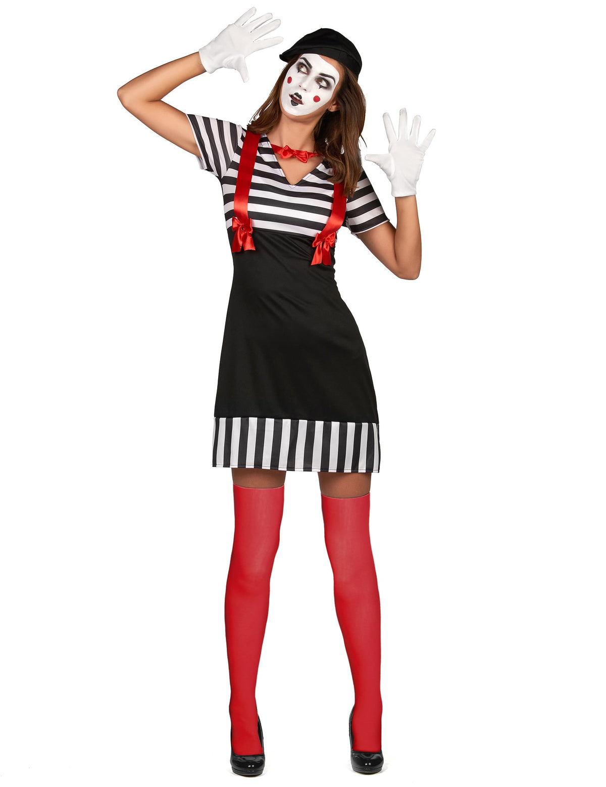 Déguisement de mime pour femme noir et blanc avec bretelles rouges