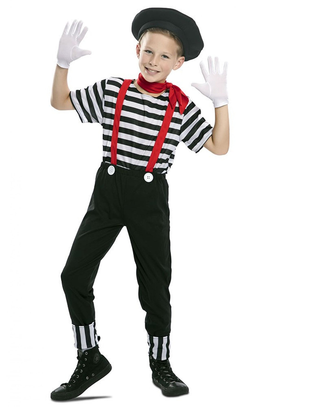 Déguisement de mime pour garçon noir et blanc avec bretelles rouges et béret