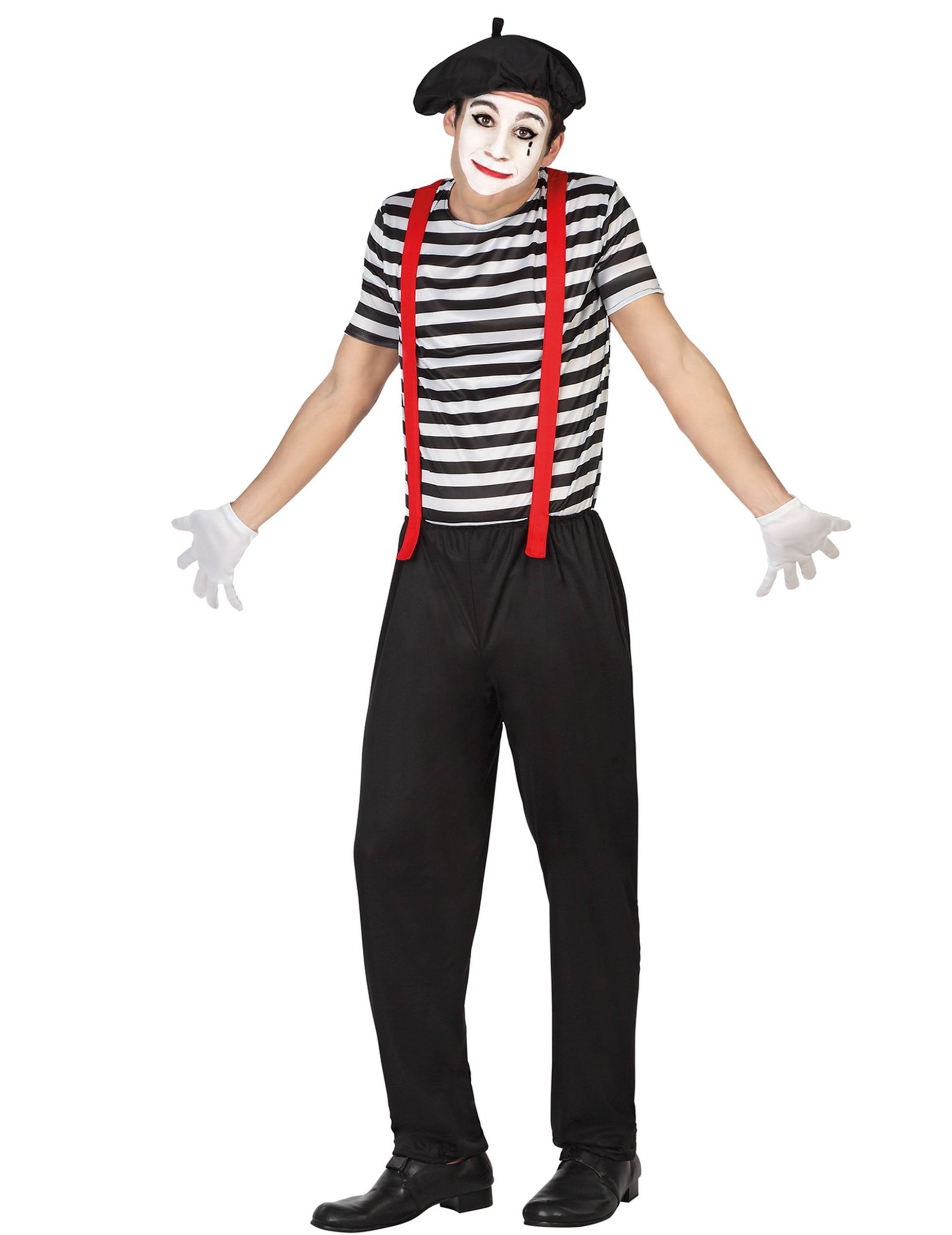 Maska mima za moške s črnimi in belimi črtami ter rdečimi naramnicami