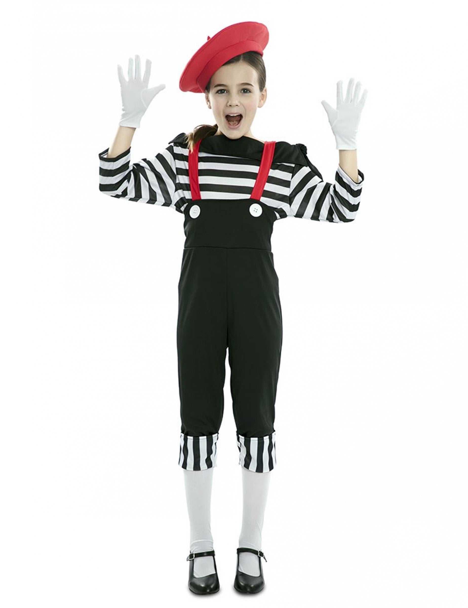 Déguisement de mime avec pantalon pour fille noir et blanc avec béret rouge