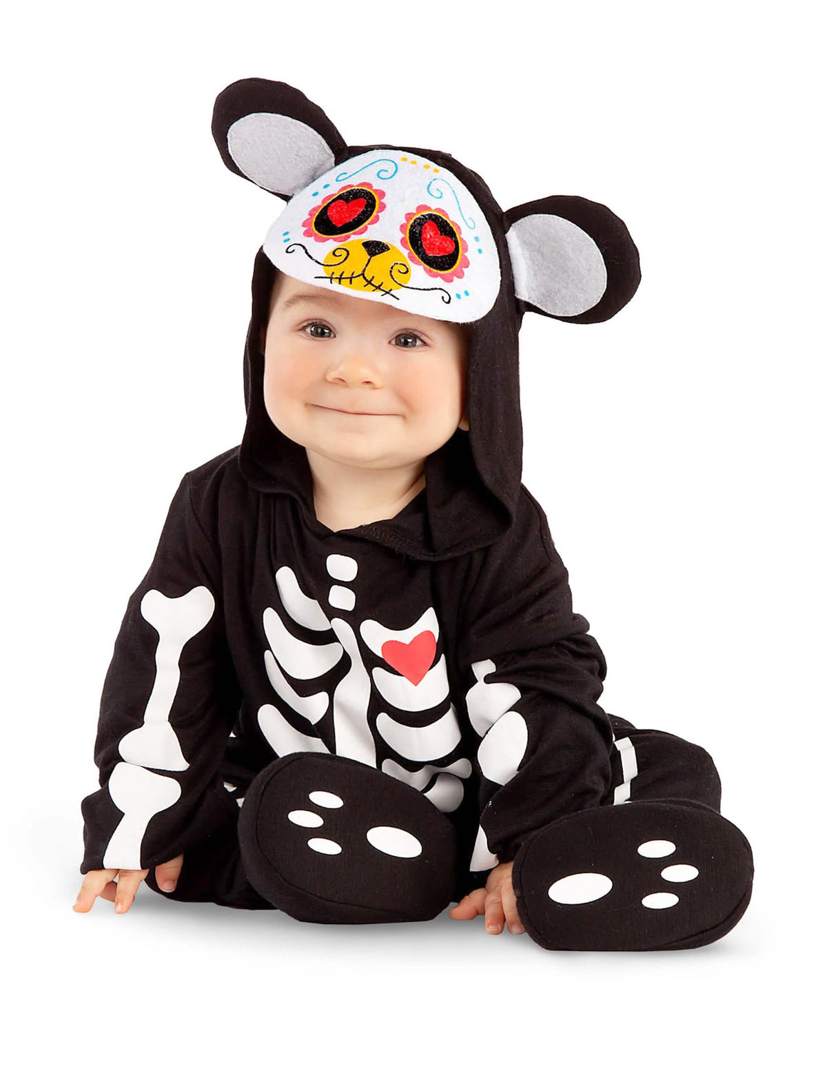 Mini kostum medvedi Dia de los muertos za dojenček, črna, z motivi okostja in srca